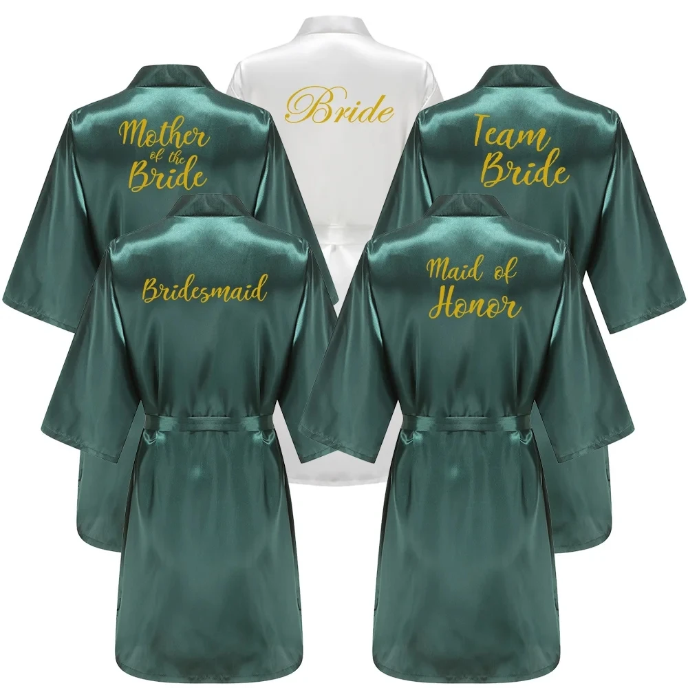 Wedding Bride Bridesmaid Robes Dressing Gown Sexy Women Bathrobe Night Sleepwear Women Gold Printed Kimono Plus Size