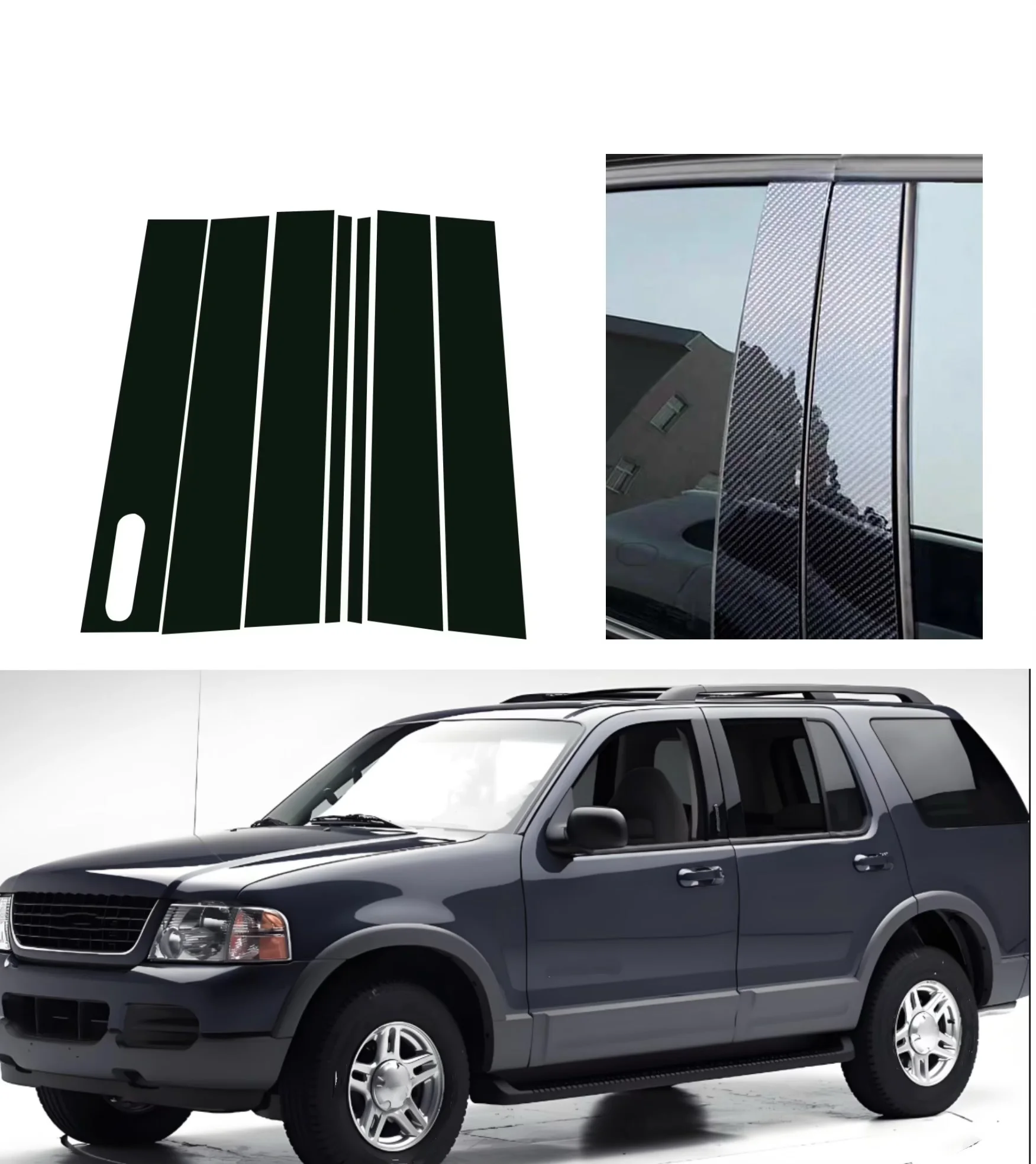 7PCS Silver Carbon Glossy Black Pillar Posts Fit For Ford Explorer 2002-2010 2003 2004 2005 2006 Door Window Trim Cover Stickers
