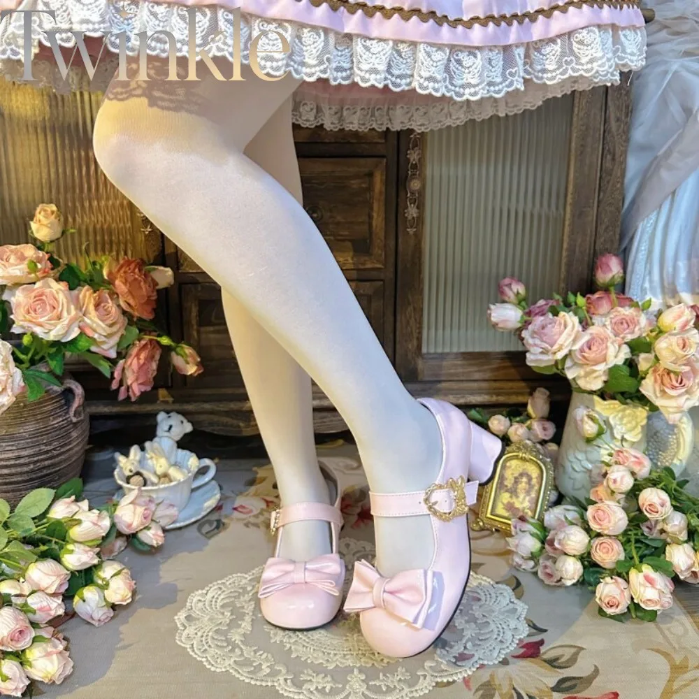 Kawaii Lolita Shoes Women Mid Heel 4.4cm Bow Irregular Heel Single Shoes Student Casual Flats Sweet Princess Cosplay Footwear