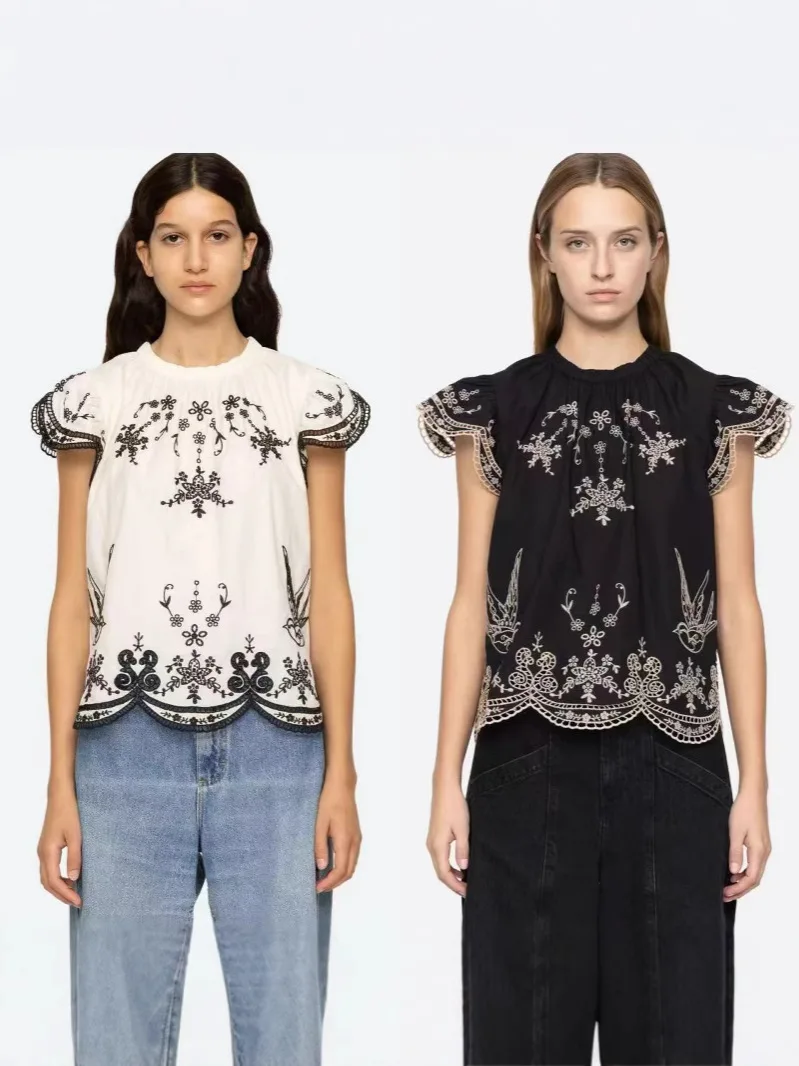 

SANCCOHOUSE 2025 Spring/Summer New Vintage Bird Hollow Embroidery Elastic Round Neck Lace Trim Short Sleeve Shirt for Women