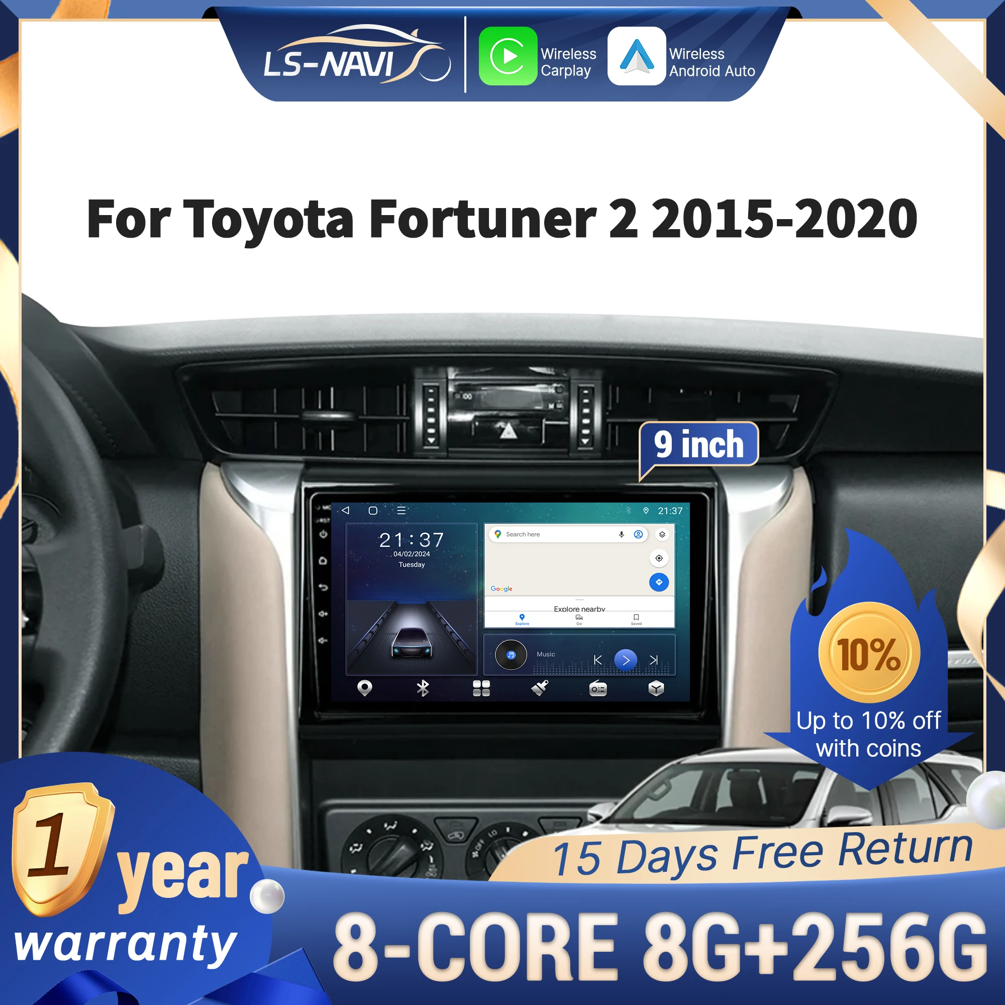 For Toyota Fortuner 2 2015-2020 Car Radio Multimedia Navigation GPS Wireless CarPlay 4G Head Unit Stereo Touch Screen