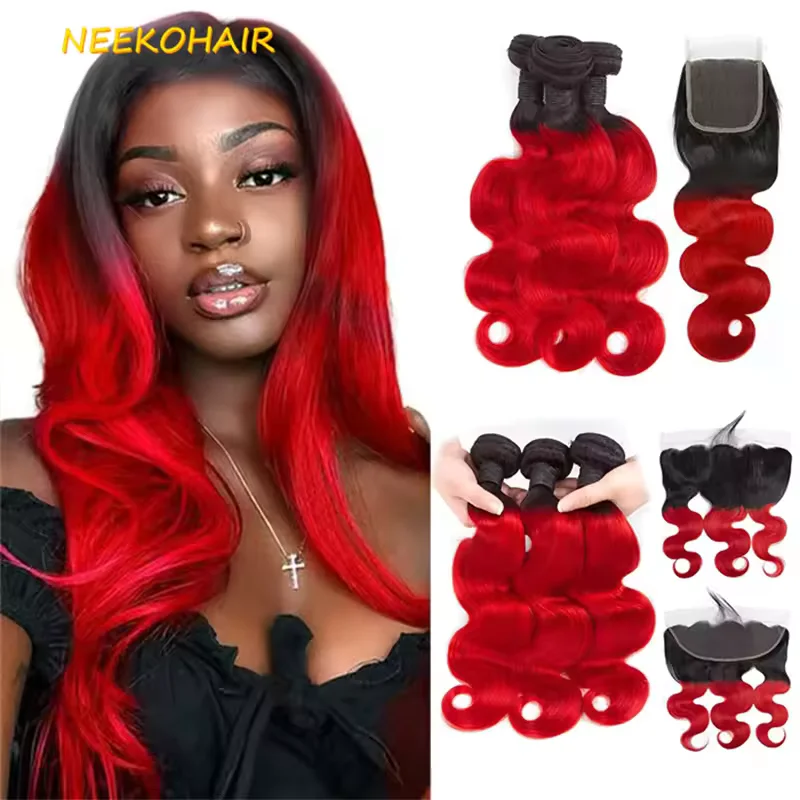 

Ombre 1B/красный цвет, 3 пучка с фронтальным плетением 13x4, объемная волна Remy, 100% бразильские человеческие волосы, 1BR, 3 пучка с застежкой 4X4