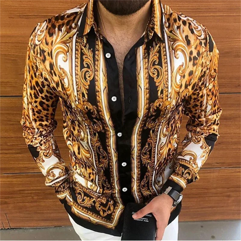 Men Navy White Gold Baroque Scroll Ornate Greek Key Chain Print Long Sleeve Shirt Turn Down Collar Luxury Party Casual Tops