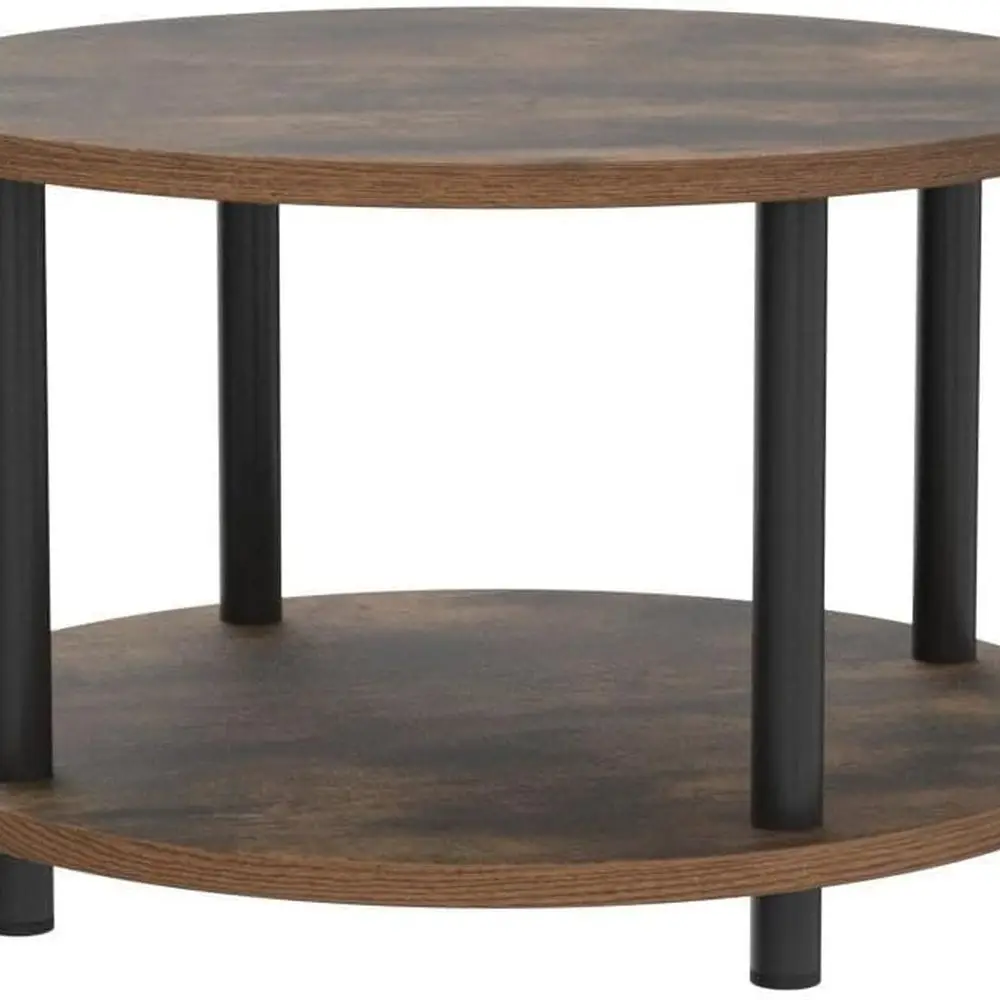 コンパクトな23.5インチの2段木製コーヒーテーブル、小スペース用の収納付き、素朴なブラウン、金属脚、簡単な組み立て