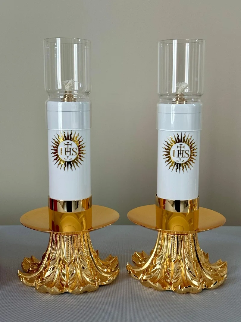 Catholic Ghee Candle Holder With Glass Hurricane Brass With Gold Gilded Base An artistic design For Home Or Church Supplies