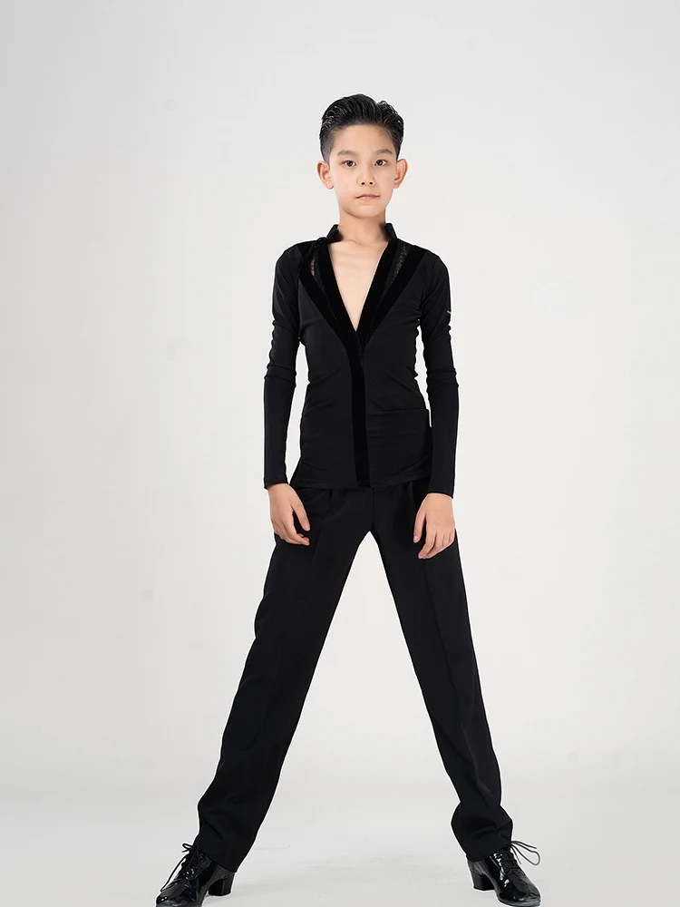 2024 New Boys Latin Dance Costume V-Neck Long Sleeve Shirt Pants Ballroom Dance Competition Clothes Tango Dance Outfit VDB8223