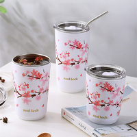 Stainless Steel Coffee Cup Cherry Blossom Pattern Thermal Mug with Lid Travel Mug Milk Tea Leak-Proof Double Wall Water cup