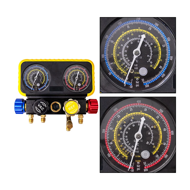 Automotive Air Conditioning 4 Way Manifold Pressure Gauge Kit R22 R32 R410a R134a Refrigerant Pressure Maintenance Equipment Kit