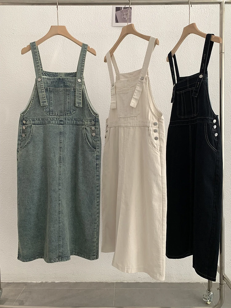 

2025 Spring Women Strap Dresses Loose All-Matched Solid Color Sleeveless Denim Dress Female Vintage Pockets Dresses