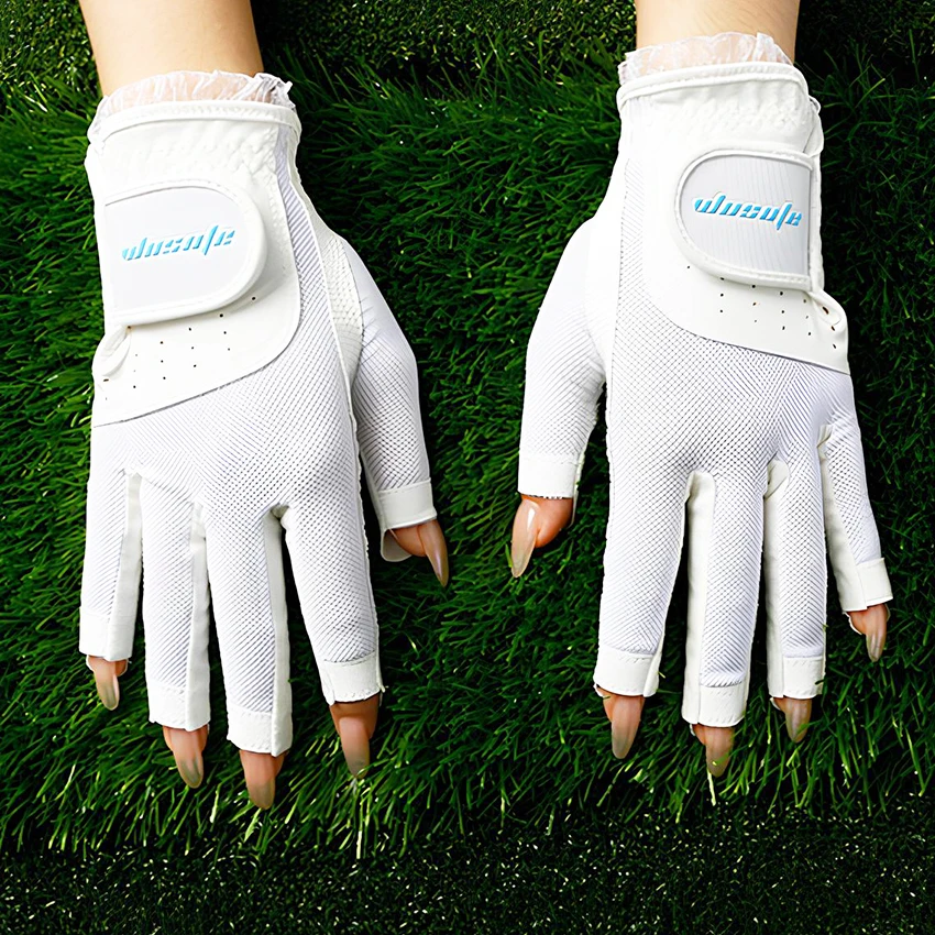 1pair Women's Fingerless Golf Gloves Lace edge Breathable Mesh PU UV Protection Gloves