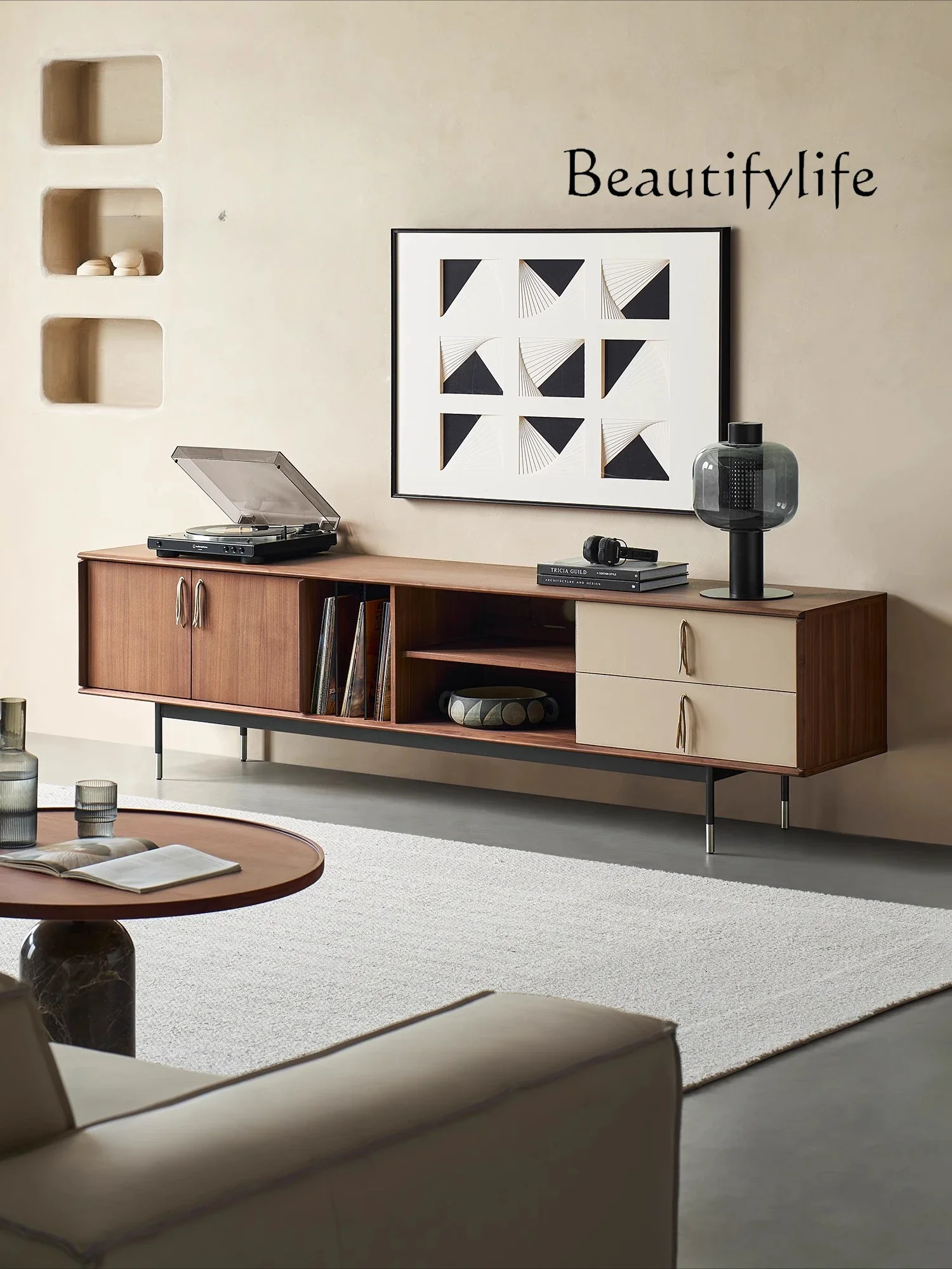 V Simple Wabi Sandy Wind North American Imported Black Walnut Solid Wood TV Cabinet Italian Minimalist Cabinet