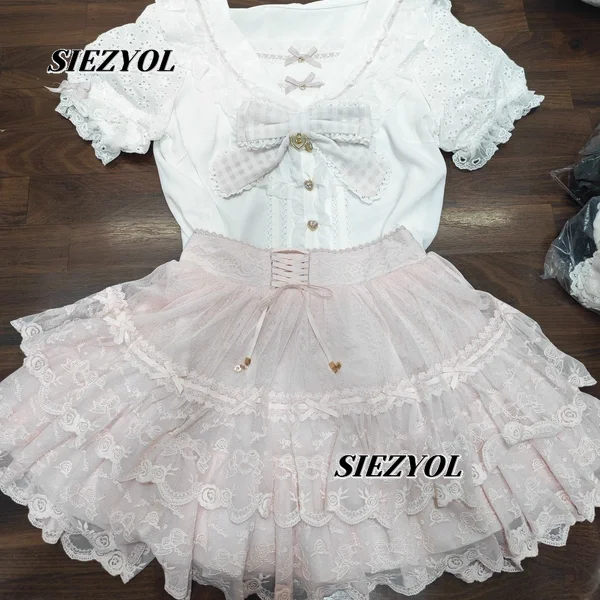 Liz Sweet Bow Lace Lolita Mass-produced Short Skirt Versatile Mini Gauze Skirts Summer Off-the-shoulder Short-sleeved Top Set