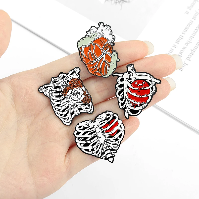 Love Even Dead Enamel Pins Custom Rib Cage Rose Heart Brooch Lapel Badge Bag Gothic Punk Jewelry Gift for Friends