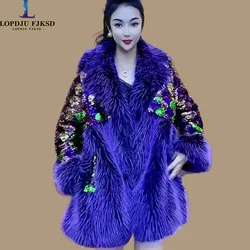 Faux Fur Coat for Women,Sequins Jacket,Covered Button Loose Long Overcoat, Thick Warm Female Clothing,New,High Quality,Winter