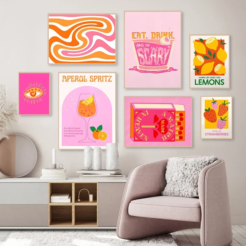 Pink Strawberry Lemon Card Cocktails Drink Posters Retro Canvas Painting Living Room Corridor Wall Art Picture Kitchen Bar Decor