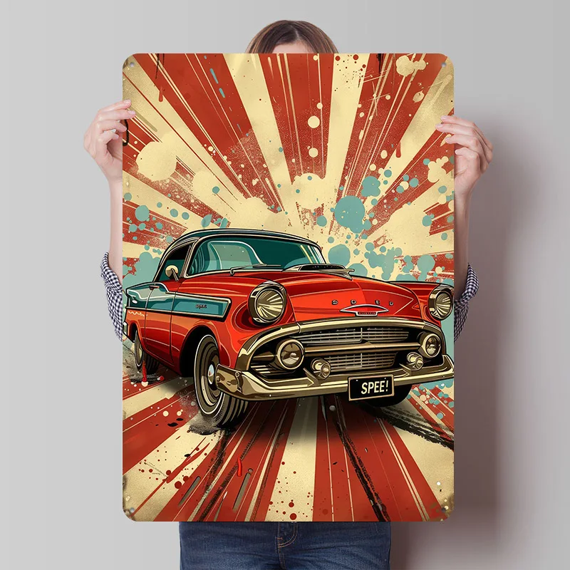 Vintage Rotes Poster mit Radial-Hintergrund und Auto-Motiv, Individuelle Wandkunst, Retro Vintage Metallschilder für Garage und Schreibtisch-Dekoration