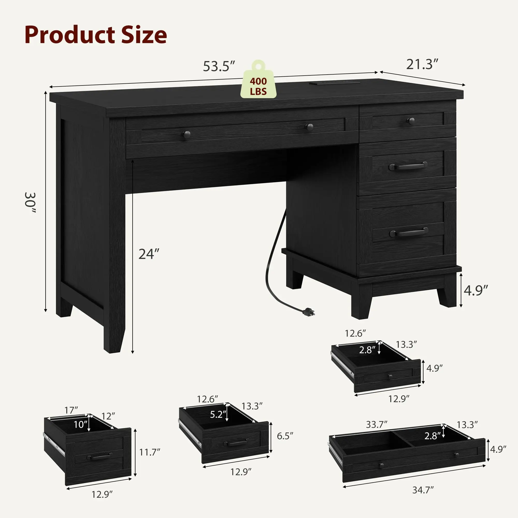 Farmhouse Executive Desk with Drawers, 53.54 in Home Office Desk with Charging Station, Wooden Computer Desk with File