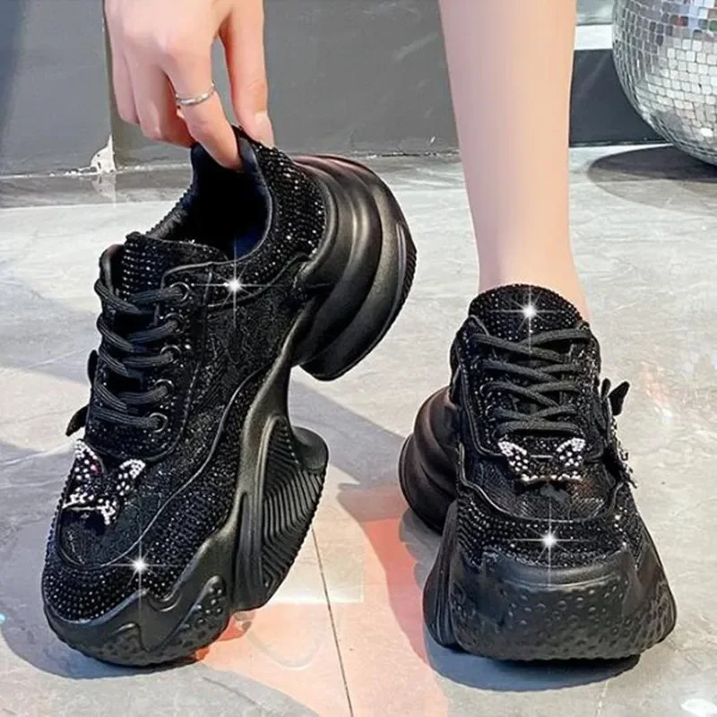 Women Luxury Shoes Vulcanized Sneakers Bling Rhineston Wedges Thick Bottom Platform Lace Up Comfortable Casual Shoe For Female