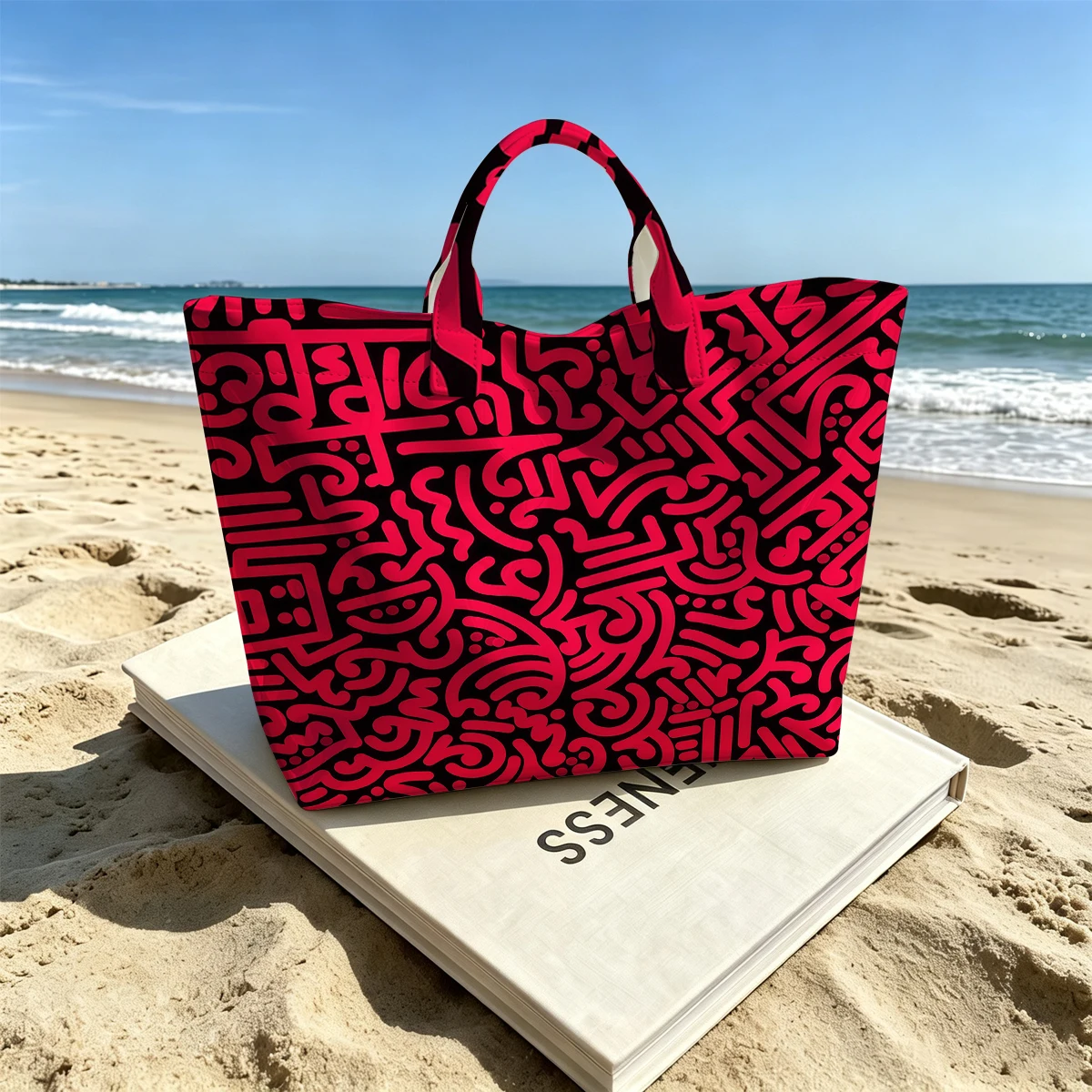 Black & Pink Geometric Cute Large Glossy PVC Tote Bag Hand Washable Lightweight Soft Great for Commute Makeup Storage Handbags