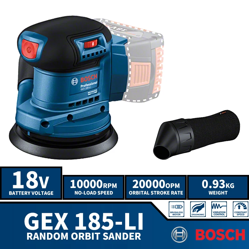 Bosch Random Orbit Sander, GEX 185-LI, Lithium, Brushless, Cordless, Ferramenta elétrica, Bare Machine, 18V, 125mm