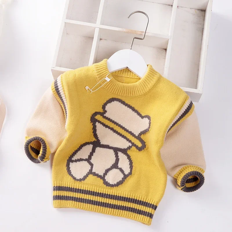 2024 Autumn Winter Baby Boys Sweater Children Knitted Clothes Kids Pullover Jumper Toddler Coat Striped Cartoon Sweaters