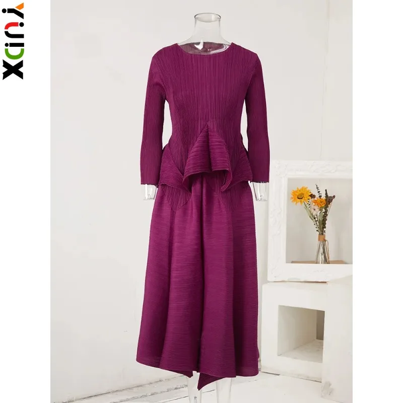 YUDX Miyake Pleated 2 Pieces Half Skirt Set O-neck Loose Pullover Long Sleeves Tops High Waist Skirt Female Clothing 2023 New