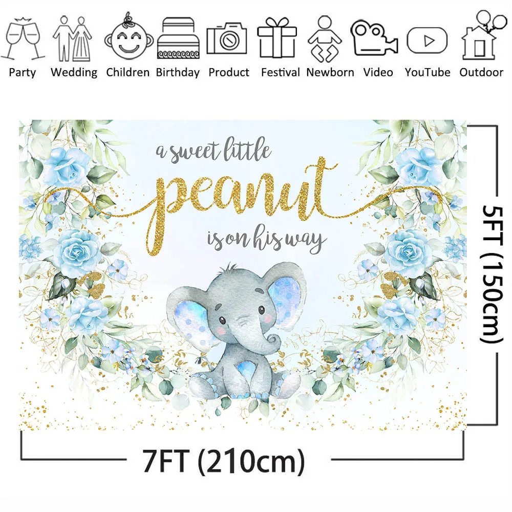 Mocsicka-新生児の出生前のパーティーの背景、青い象、甘い小さなピーナッツ、男の子の誕生日、洗礼、写真の背景、花の装飾
