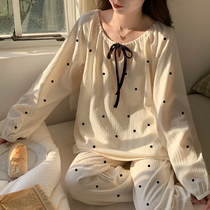 Pajama Sets Women Polka Dot Cute Youth Ins Spring Autumn O-neck Bow Design Gentle with Chest Pads Classic Autumn Pyjamas Student