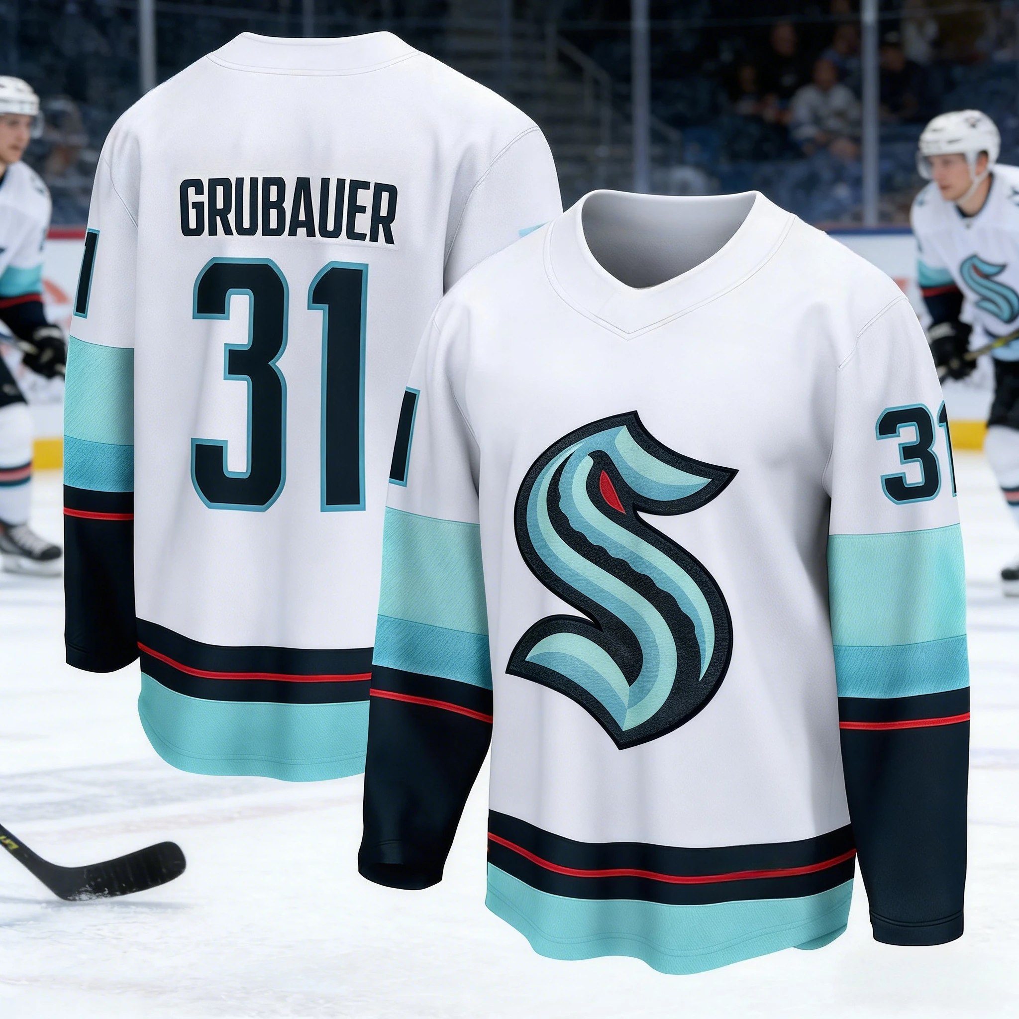 2026 Best-selling Men's Sea Monster Ice Hockey Training White Jersey Moisture-Wicking 3D Print Long Sleeve Kids