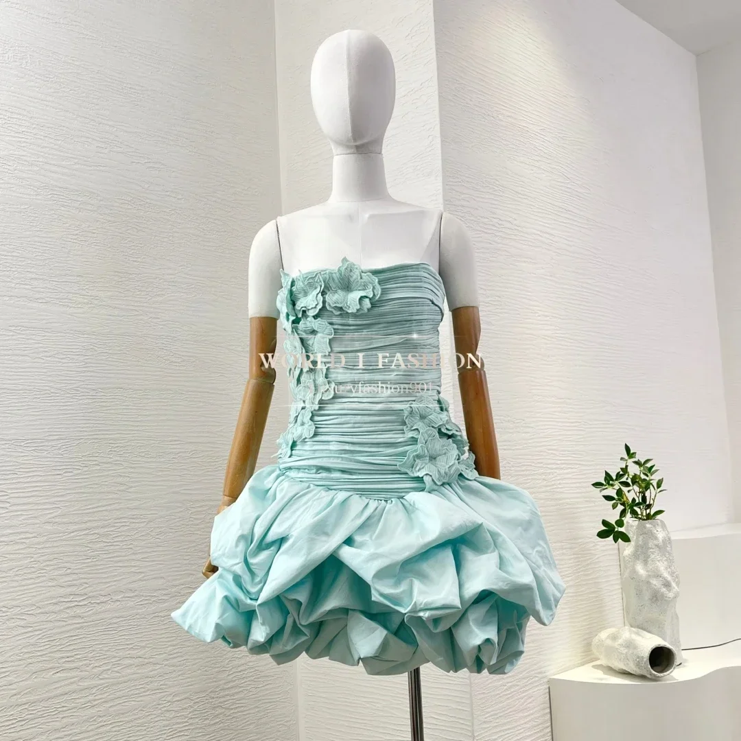 

2025 New Beautiful Light Green Flowers Appliques Mini Tube Dress Cotton