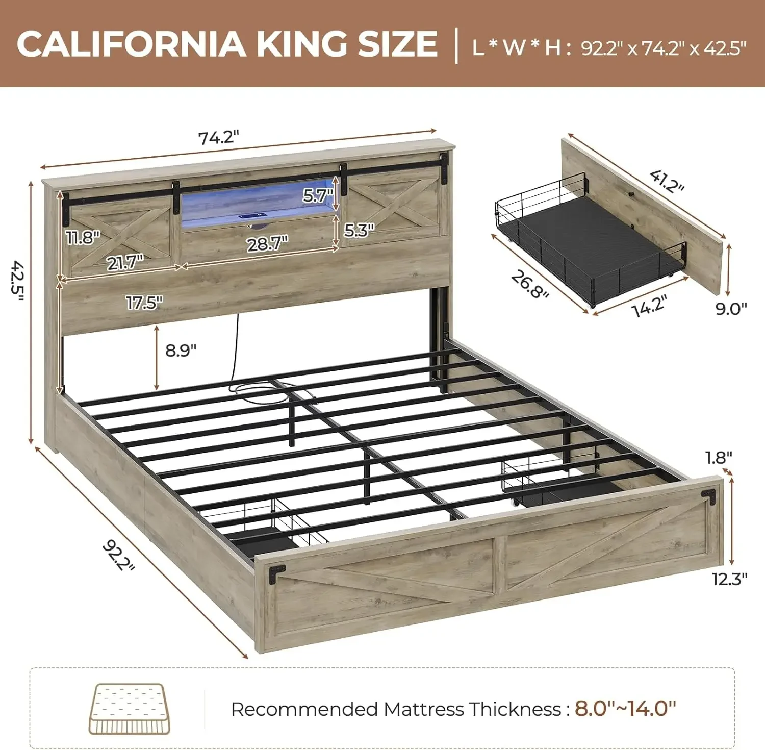 Farmhouse Bed Frame California King Size with LED Lights and Charging Station,Rustic Headboard with Sliding Barn Door,Rustic Oak