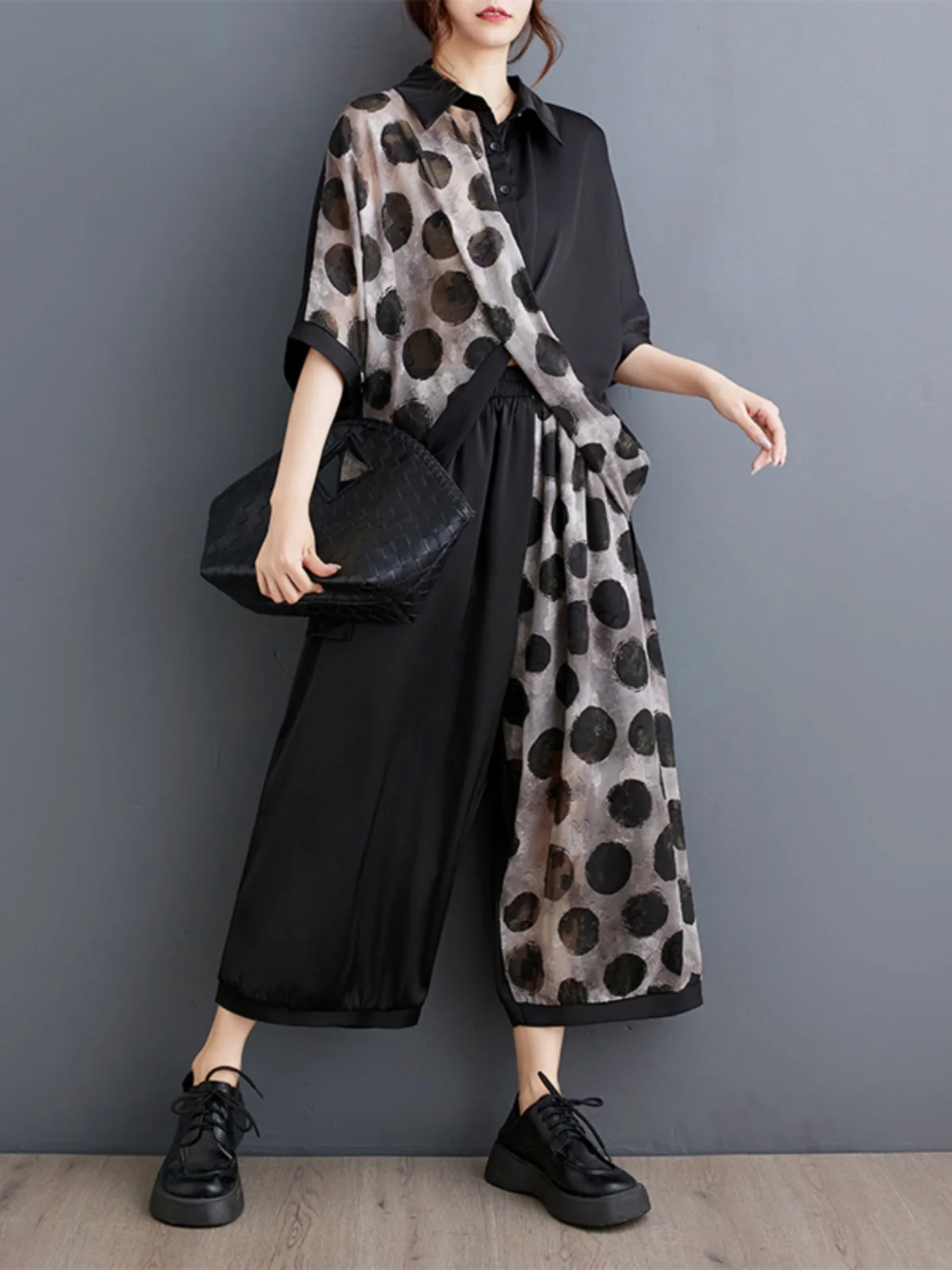 

Summer 2025 Loose Wide Leg Pants Shirt Two-Piece Set Polka Dot Print Asymmetrical Design Comfortable Fit Fashionable Ensemble