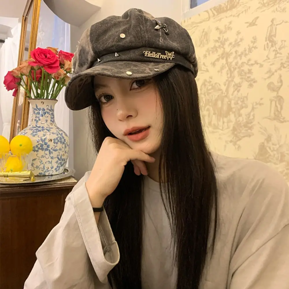 Star Sticker Harajuku Beret Hat Tie-dye Pattern Streetwear Accessories Newsboy Cap Rivet Design Women's Berets Versatile Use