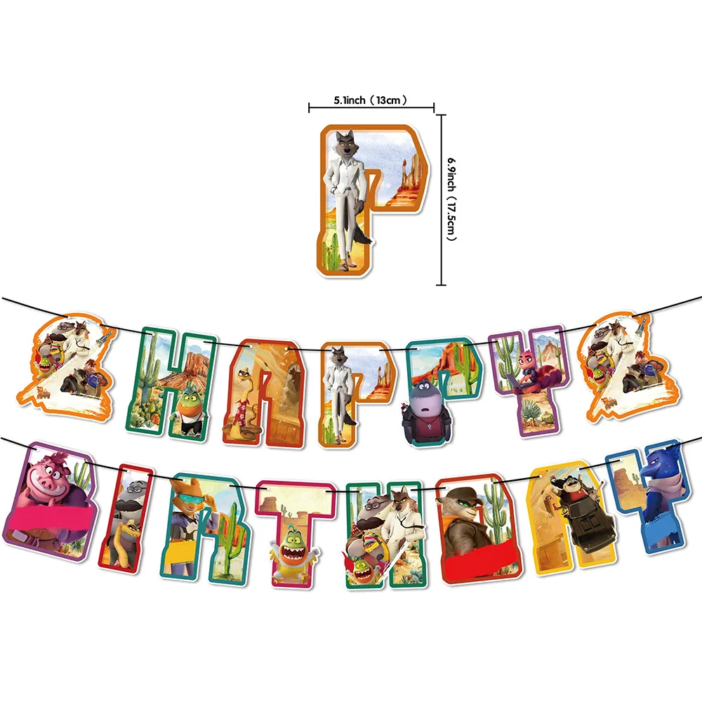 The Bad Guys Cartoon Birthday Decorations Set with Banner, Balloons & Cake Decor, Props for Kids Party Game