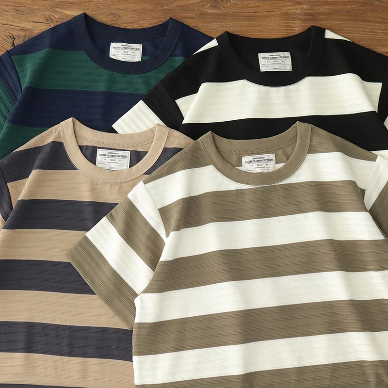 Summer New American Retro Short Sleeve O-neck Heavyweight Jacquard Striped T-shirt Men's Simple 96% Polyester Washed Casual Tops