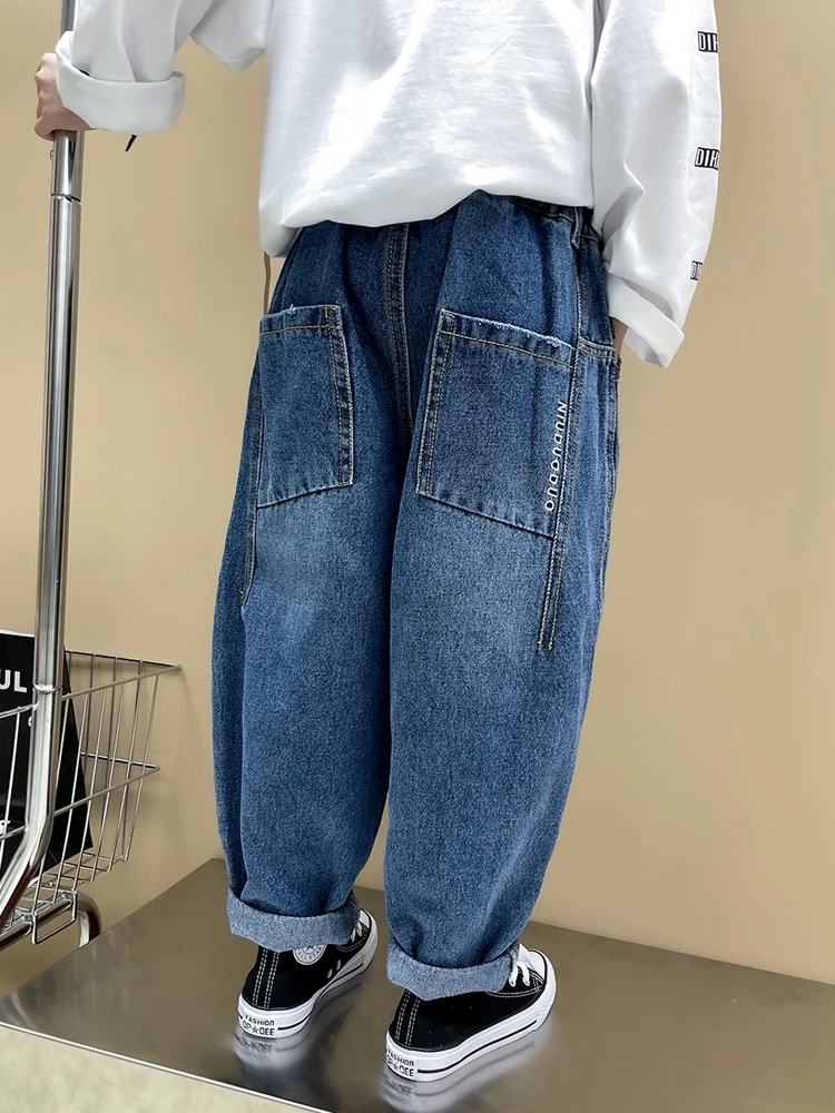 Fashion Boys Jeans Trousers Spring Autumn Blue Elastic Waist Denim Cargo Pants Cotton Korean Loose Pant Children Clothing 4-14Y