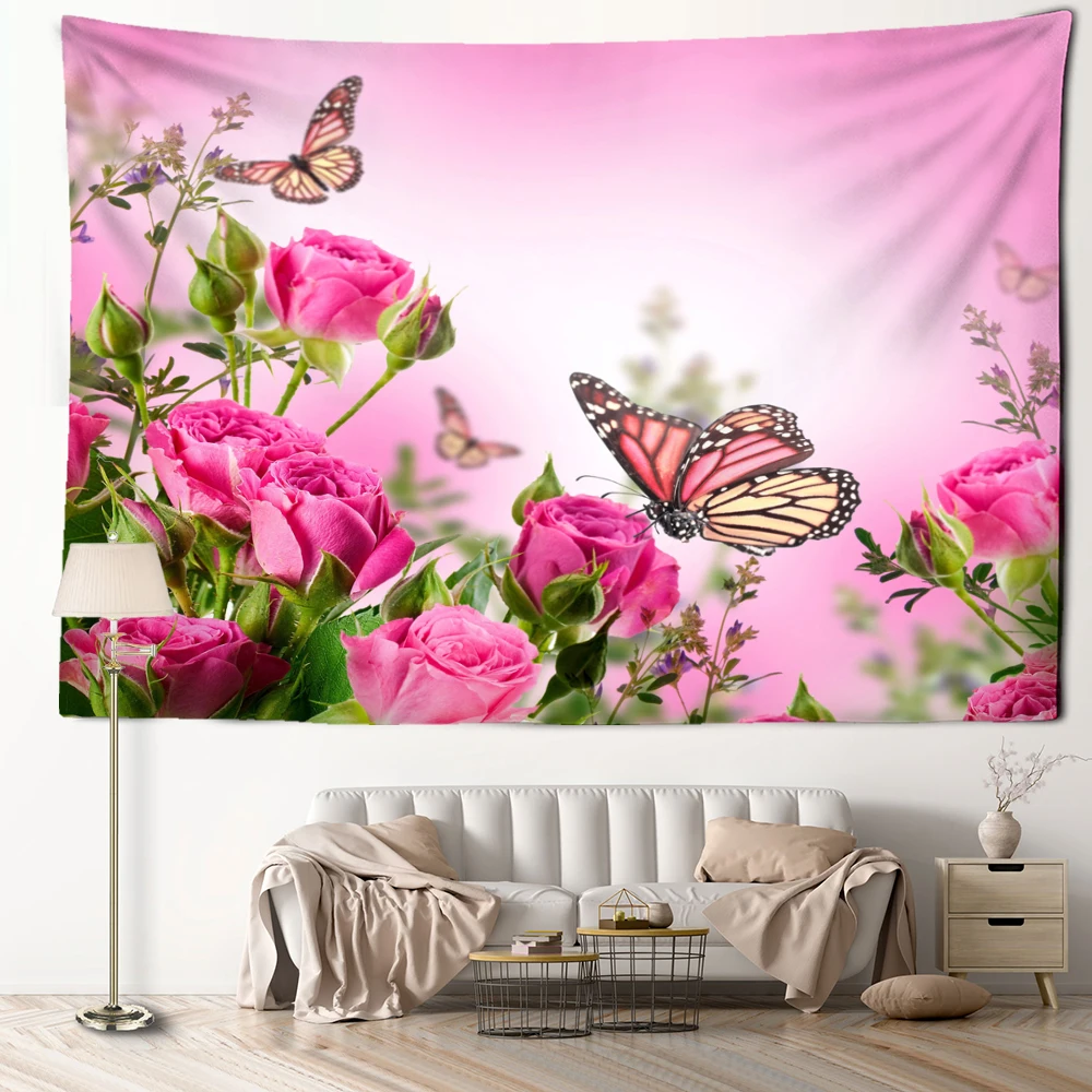 Rose and Butterfly Tapestry Wall Hanging Natural Art Flower Modern Style Minimalist Art Living Room Home Decor