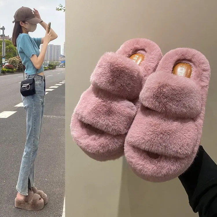 7 Cm Thick Bottom Fluffy Slippers Wear 2024 Autumn New Fashion Wedge Sponge Bottom 34-42 Cotton Slippers