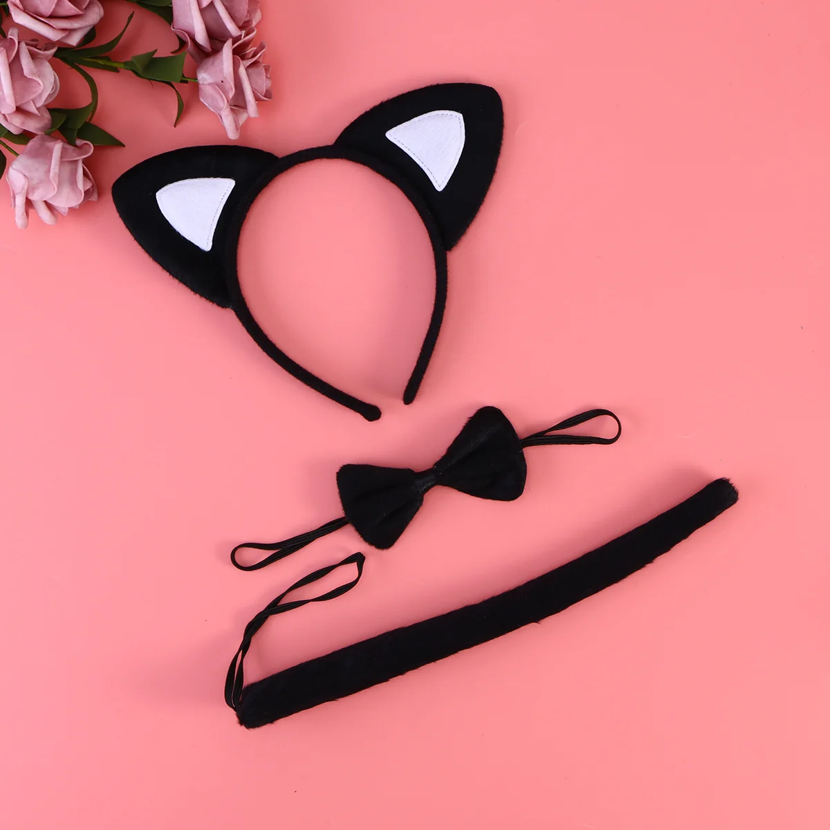 3 uds. Diadema con orejas de gato para niños, pajaritas, conjunto de cola, disfraz de Cosplay de fiesta (blanco y negro), conjunto de cosplay de gato