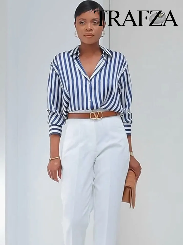 TRAFZA Fashion Women Stripe Long Sleeve Satin Blouse Vintage Lady Top Y2K Loose Street Shirts Spring New Button Up Shirt Blouse