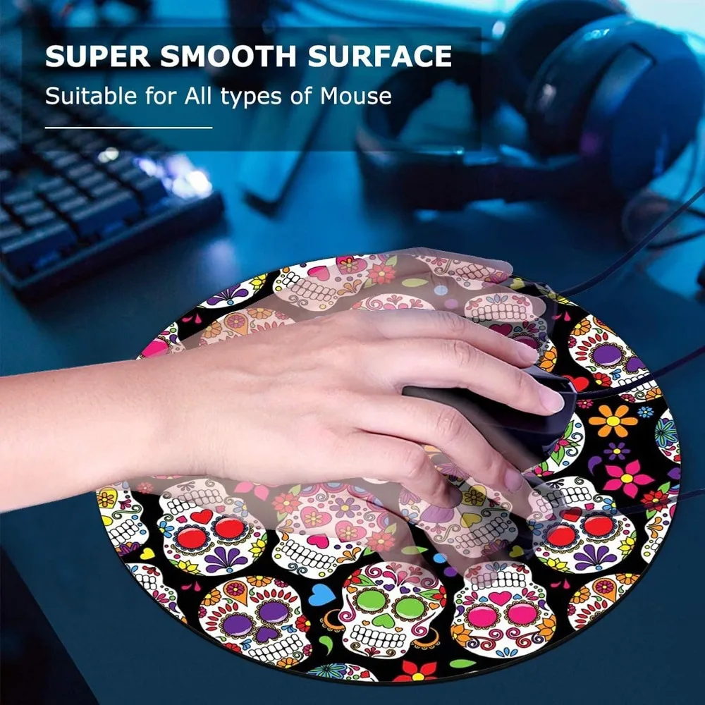 둥근 마우스 패드 및 컵받침 세트 - 죽은 자의 날 빈티지 슈가 스컬 디자인, 미끄럼 방지 고무 베이스, 맞춤 제작 가능