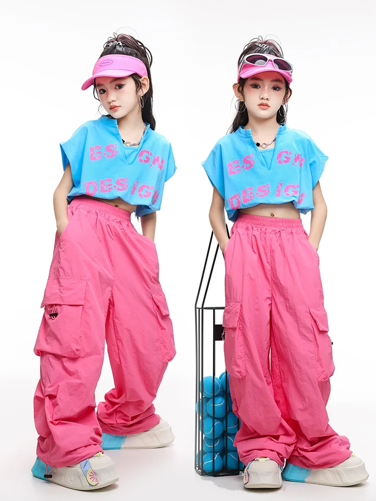 Kid Kpop Hip Hop Clothing Blue Stretch Hem Crop Top T Shirt Rose Casual Cargo Pants for Girls Jazz Dance Costumes Wear Clothes