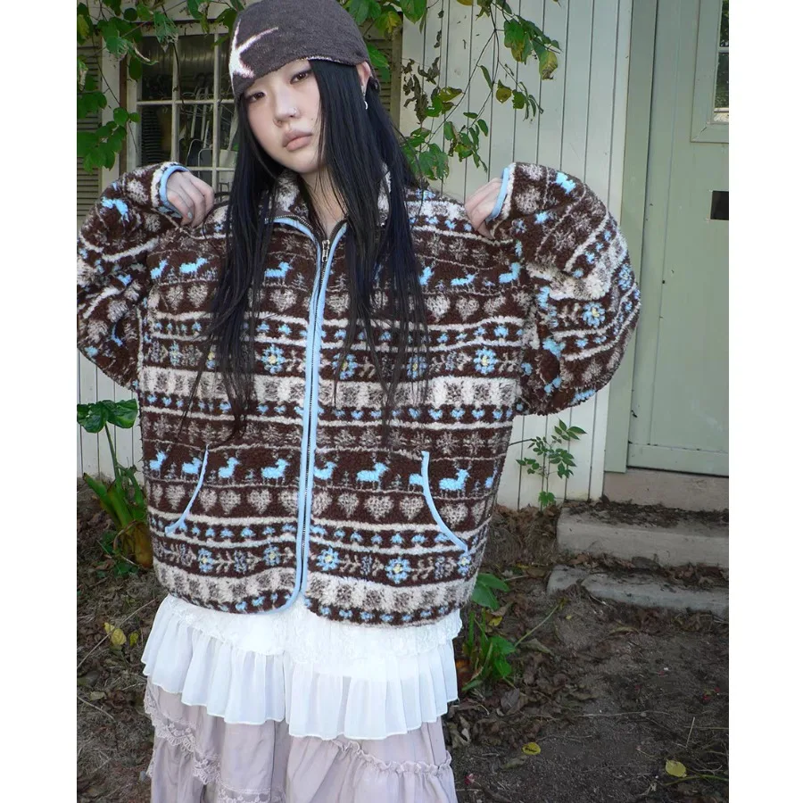 Ladies' Chic Winter Outerwear Loose Fit Collar Faux eepskin Woolen Long Sve Cotton Jaet Retro Fair Isle Pattern