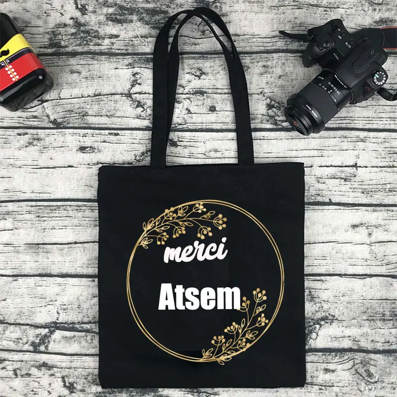 Merci Atsem French Print Gift For Teacher Harajuku Shoulder Bag Shopping Girl Handbag Women Canvas Bag Women Canvas Shopping Bag