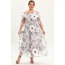 Plus Size Mother Of The Bride Grey Floral Print Mesh Layered A Line Tunic Maxi Dress