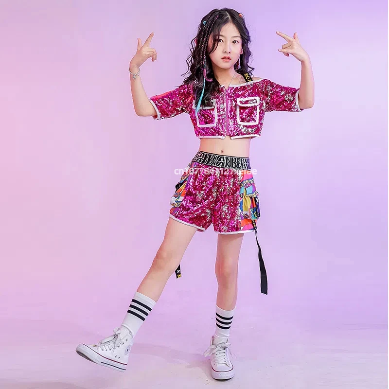 Hip-Hop für Mädchen, Street Dance, Jazz-Dance-Performance-Kostüme, modische rosarote Pailletten, modische Laufstegmodelle