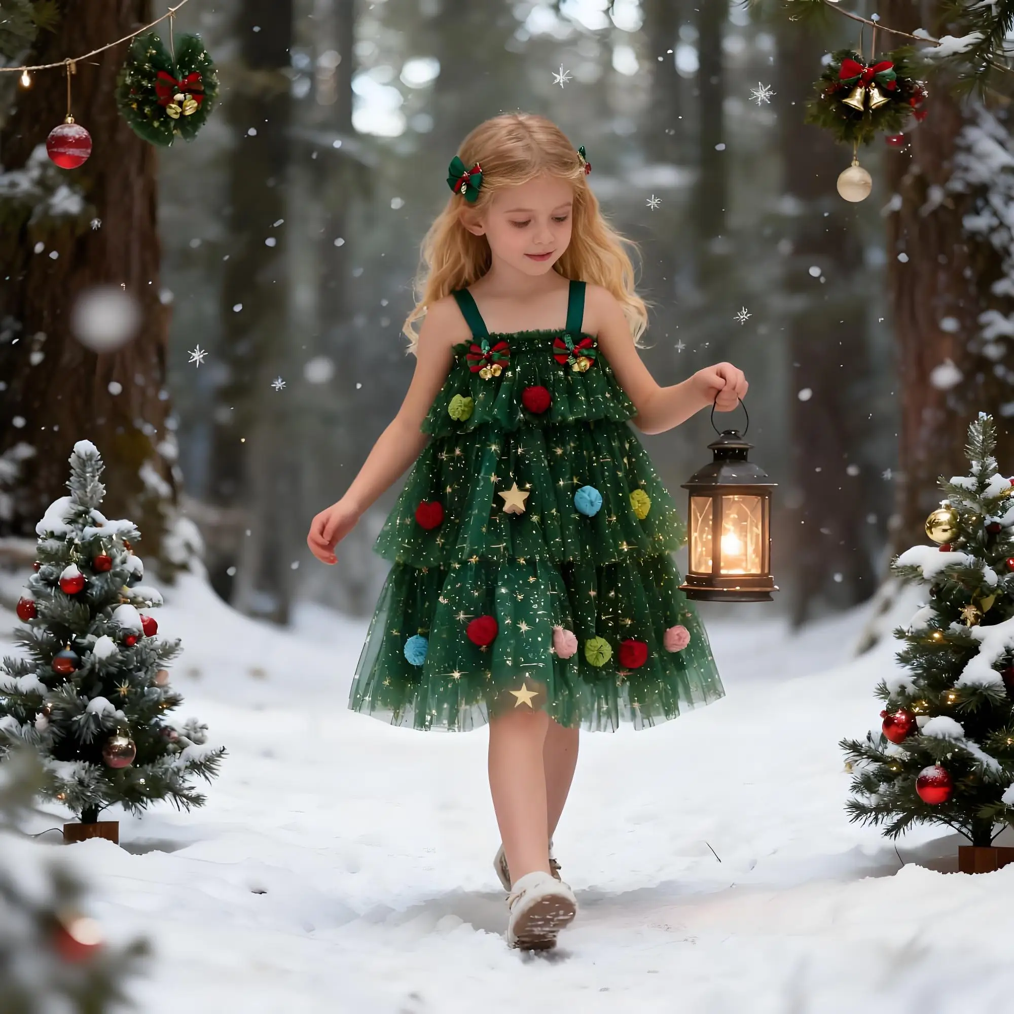 2026 السنة الجديدة فتاة صغيرة فستان عيد الميلاد الأخضر ستار طباعة ساحة الرقبة بلا أكمام الطبقات تول فستان مع القوس جرس مشبك شعر #2