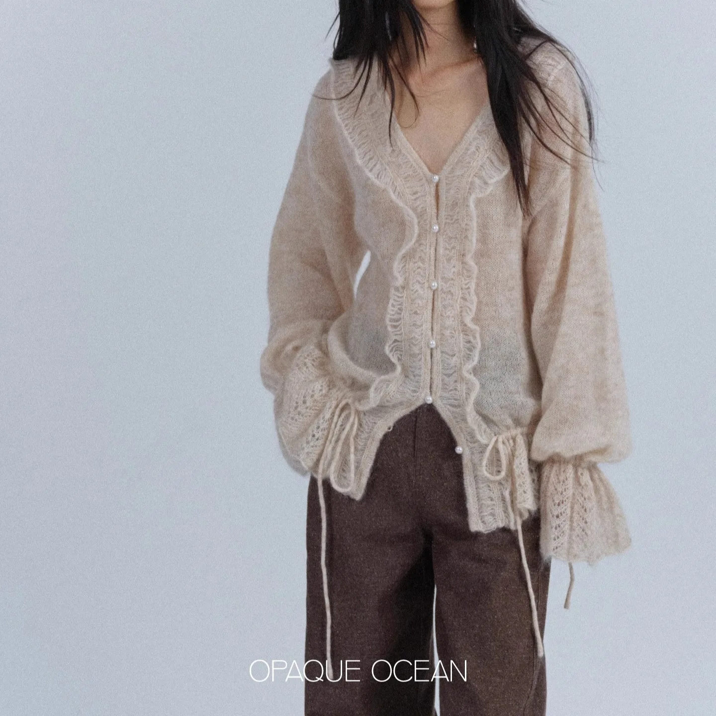 Women's Knitting Cardigan 2026 Spring Oversized Mohair Wool Drawstring V Neck Pearl Button Ruffle Lightweight Knitted Sweater