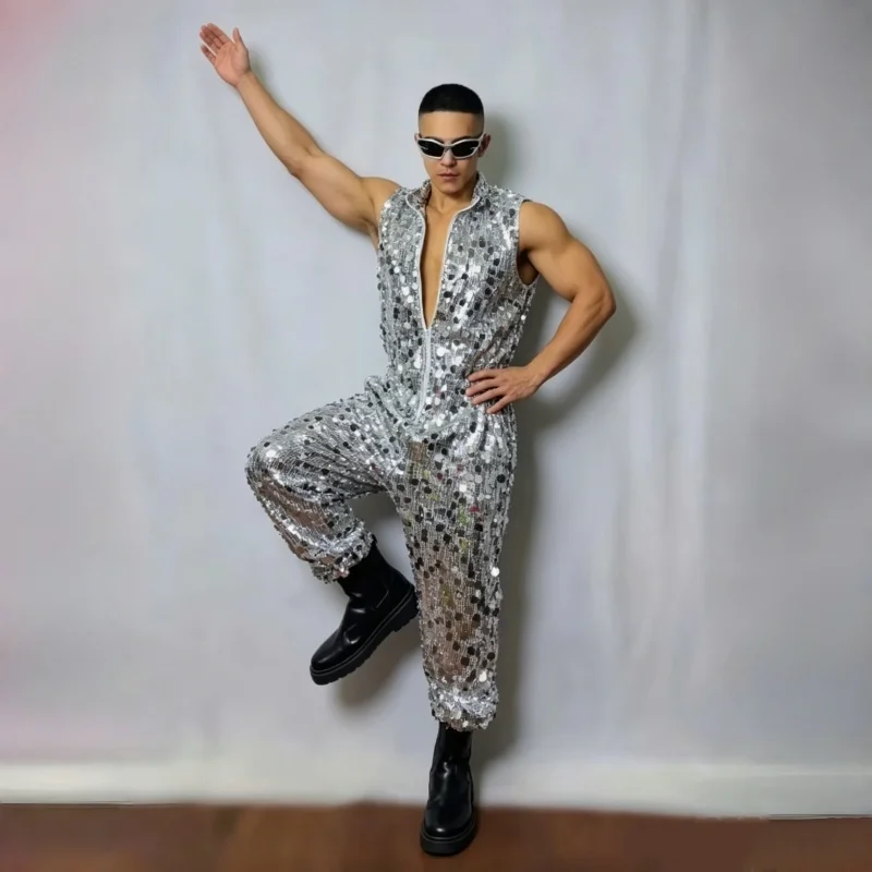 

Men's Sequin Jumpsuit Hip Hop Dance Team Performance Costume for Bar Nightclub Rave Festival Carnival Party Club Show Stage