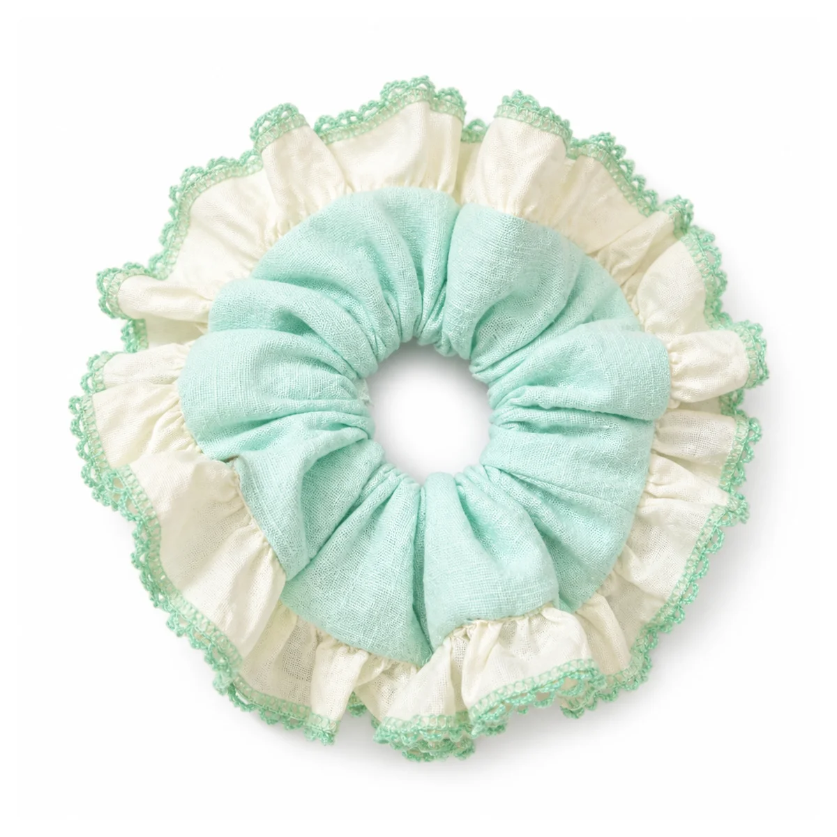 pale-mint-aqua-ivory-cream-ruffled-double-layer-hair-scrunchie-with-green-decorative-edge
